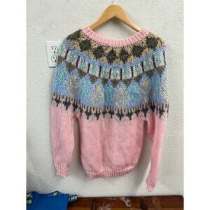 LE Pull-Over Vintage Grandma Sweater Oversize Small Pink Gray
